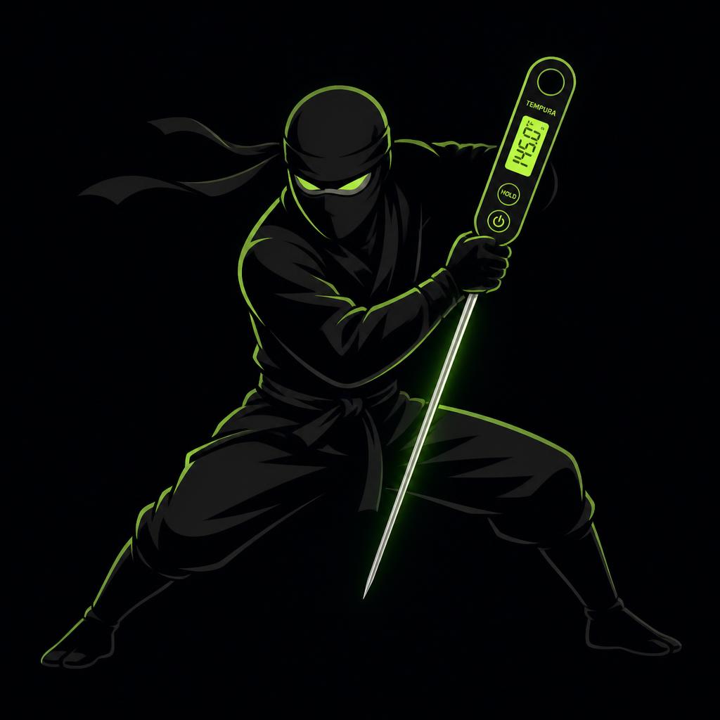 Food Safety Ninjas mascot holding a digital food thermometer like a katana
